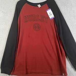 HURLEY Thermal T Shirt Mens XXL Red Black Waffle Graphic Long Sleeve Raglan SPOT